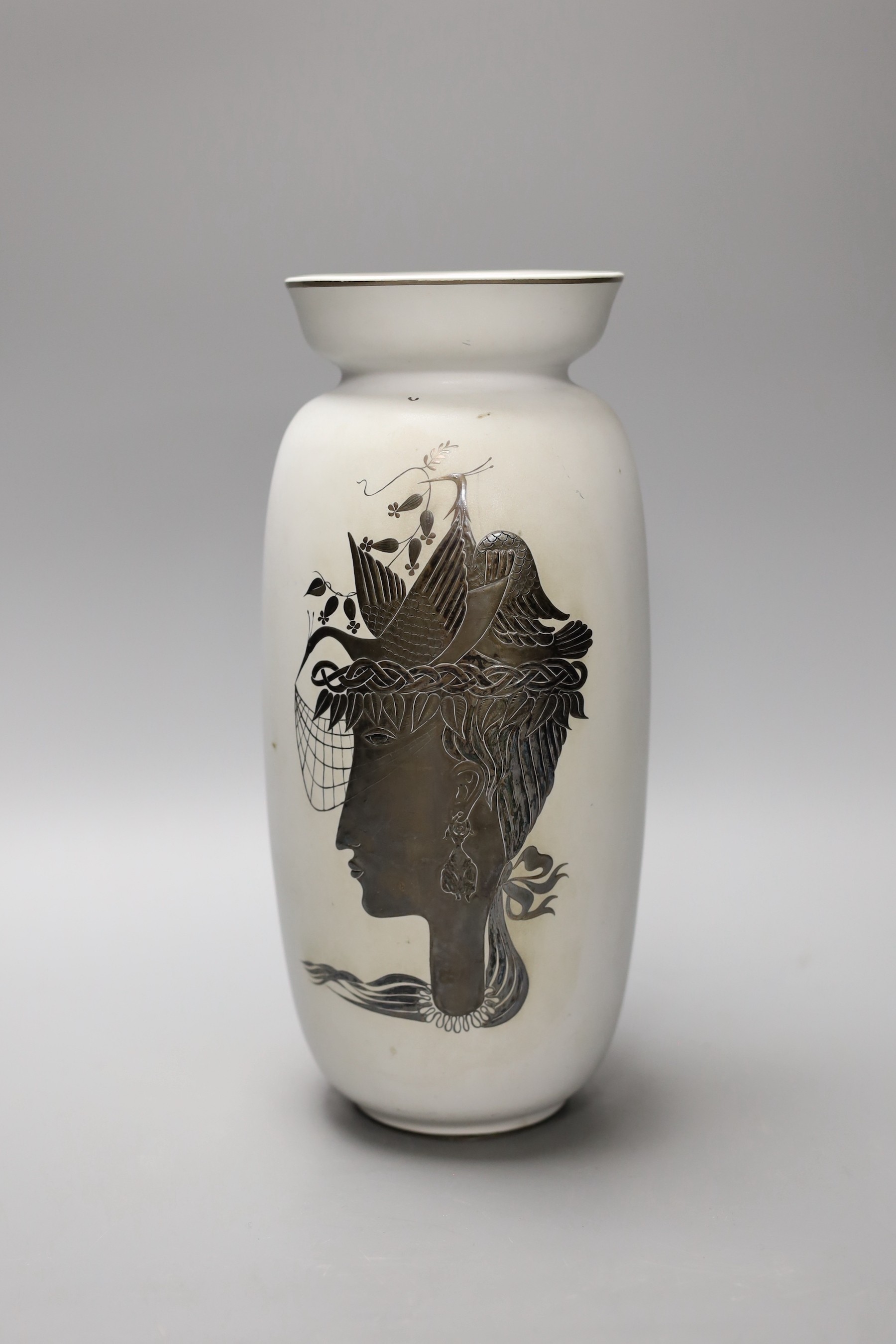 A large Gustavsberg Stig Lindberg 220 shape Grazia vase decorated with flowers in a basket, 27cm